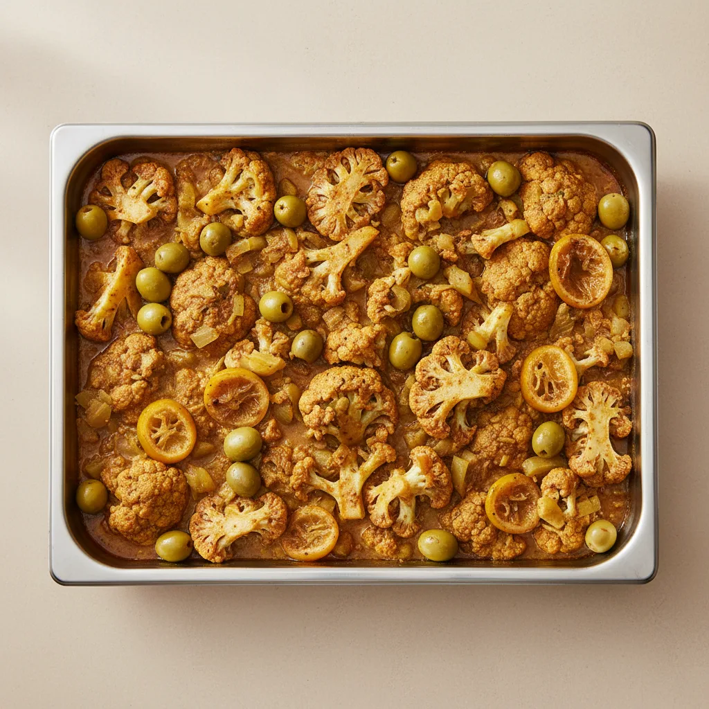 Tagine — Cauliflower With Preserved Lemons and Green Olives (full Pan) Tagine — Cauliflower With Preserved Lemons and Green Olives (full Pan)