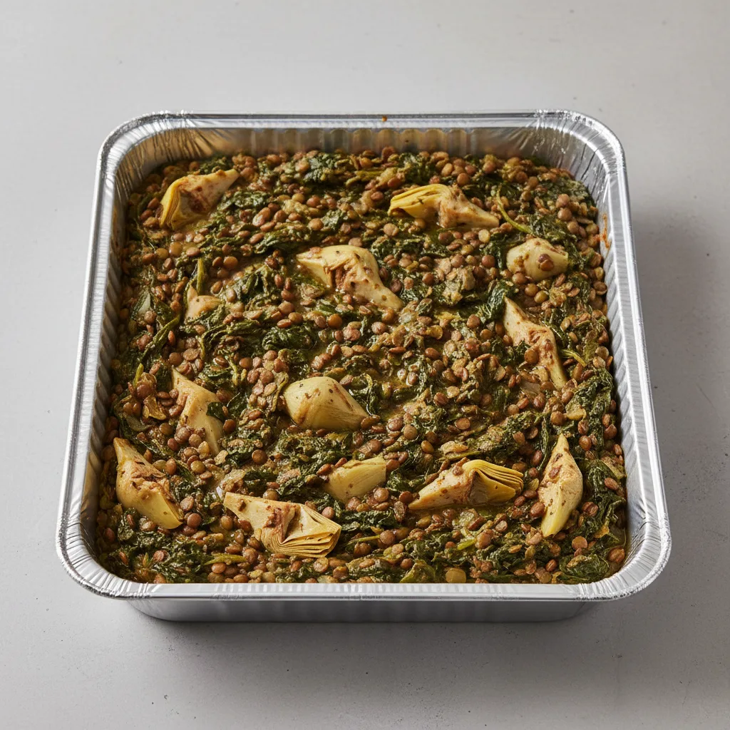 Vegetarian Dinner — Spinach With Lentils and Artichoke Hearts (half Pan) Vegetarian Dinner — Spinach With Lentils and Artichoke Hearts (half Pan)