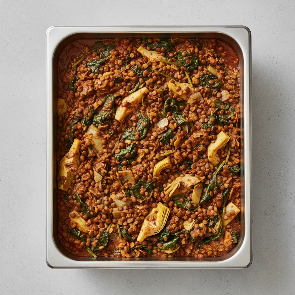 Vegetarian Dinner — Spinach With Lentils and Artichoke Hearts (full Pan) Vegetarian Dinner — Spinach With Lentils and Artichoke Hearts (full Pan)