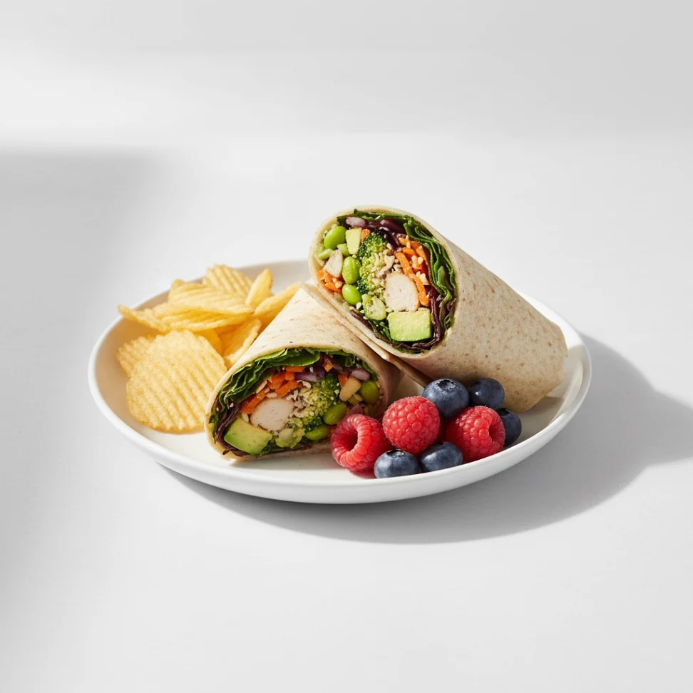 Tokyo Supergreens with Oven Roasted Chicken Wrap with Chips and Fruit