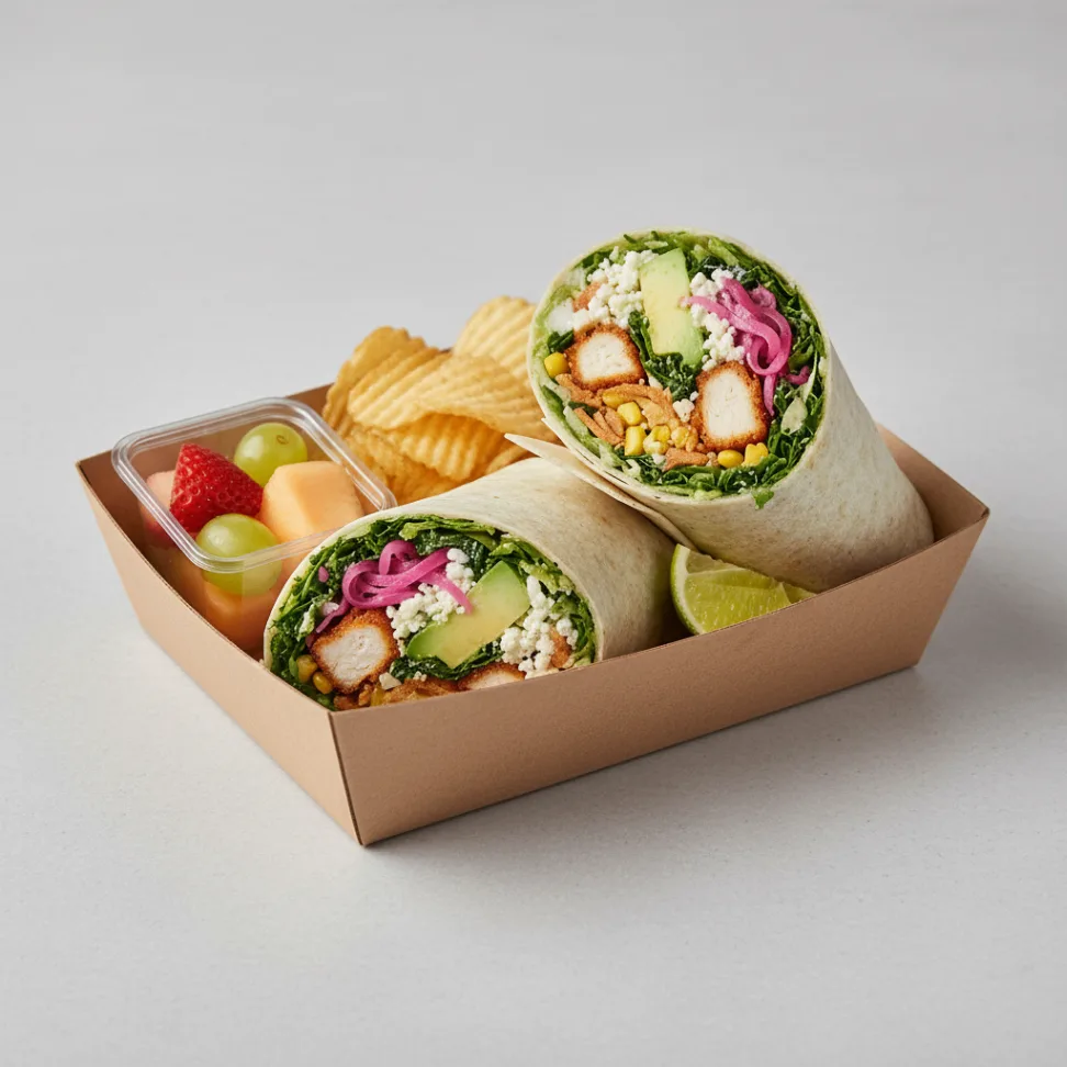 Crispy Chicken Poblano Wrap with Chips and Fruit