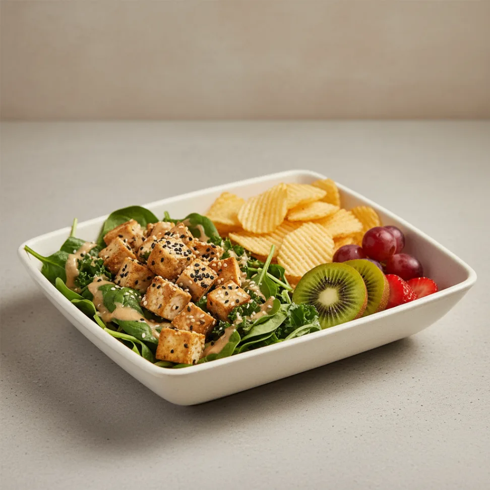Tokyo Supergreens with Organic Sesame Tofu Salad with Chips and Fruit
