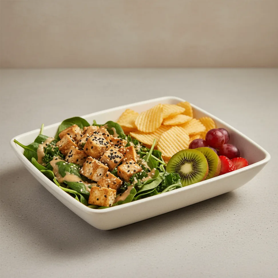 Tokyo Supergreens with Organic Sesame Tofu Salad with Chips and Fruit