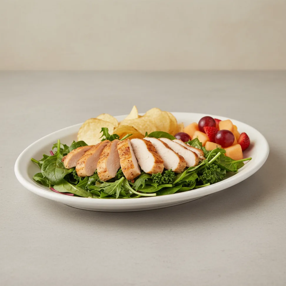 Tokyo Supergreens with Oven Roasted Chicken Salad with Chips and Fruit