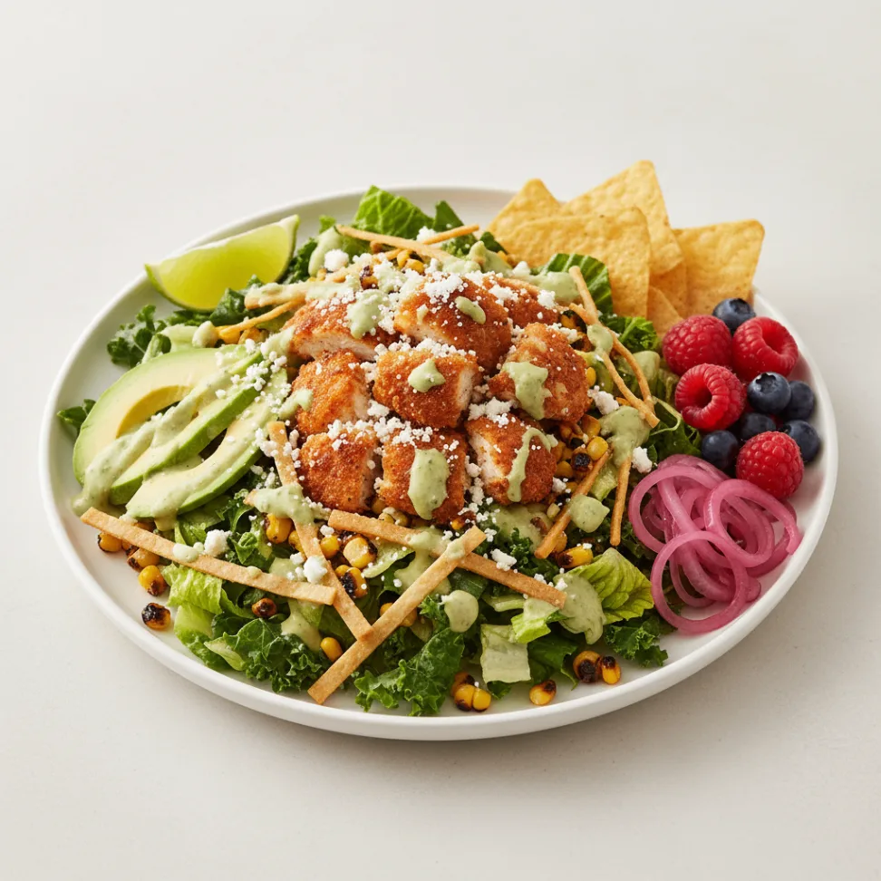 Crispy Chicken Poblano Salad with Chips and Fruit