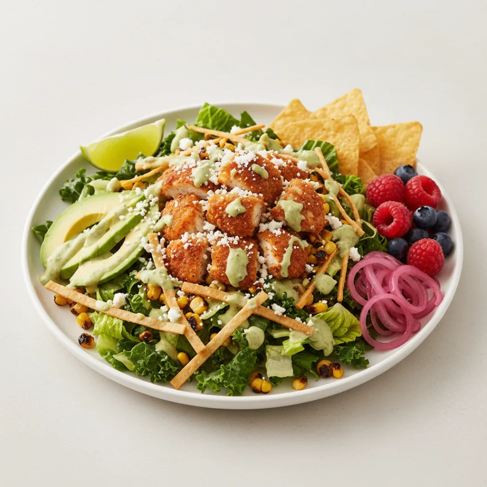 Crispy Chicken Poblano Salad with Chips and Fruit