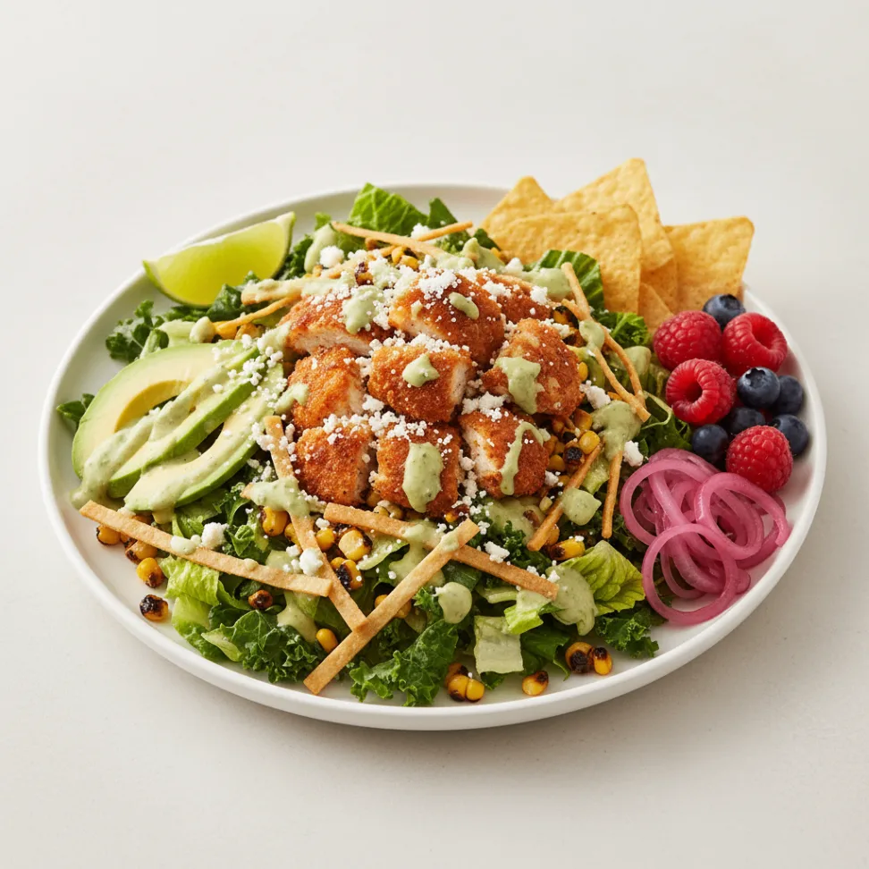 Crispy Chicken Poblano Salad with Chips and Fruit