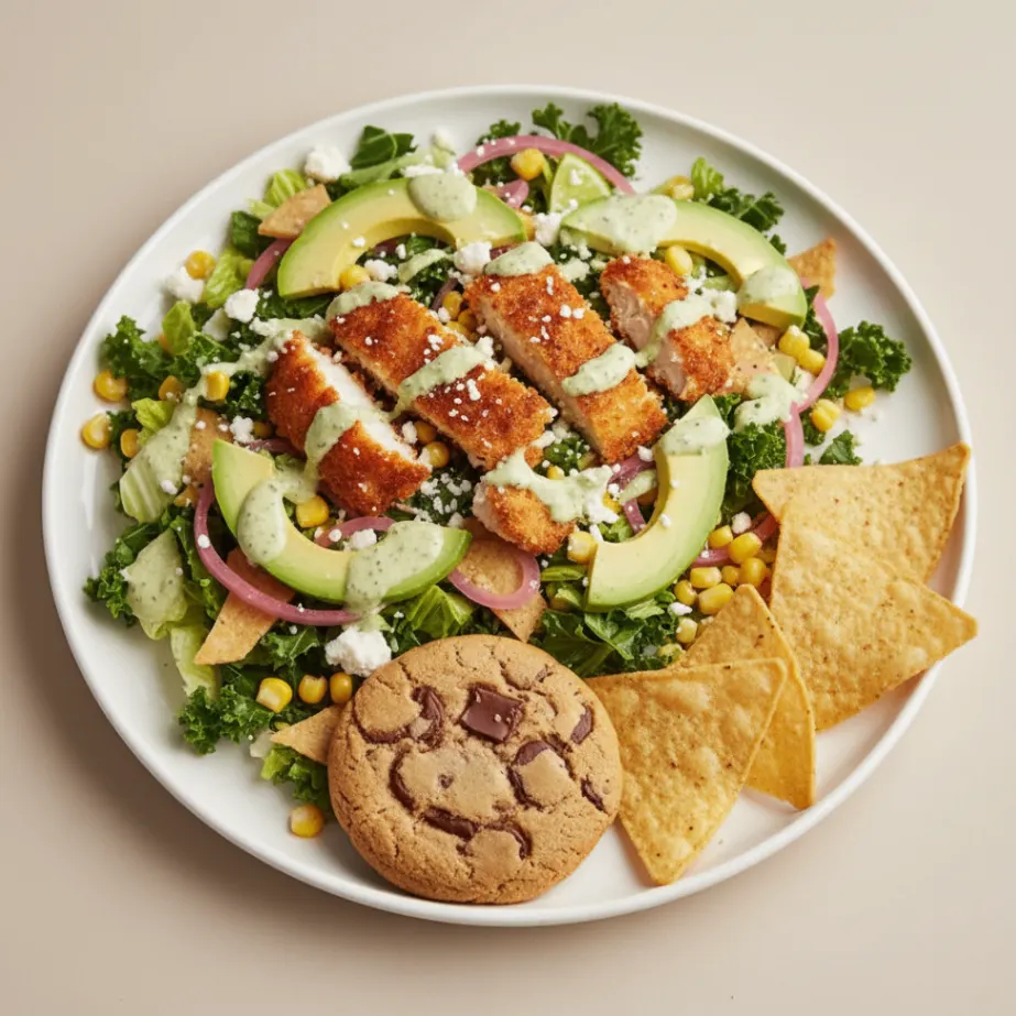 Crispy Chicken Poblano Salad with Chips and Cookie