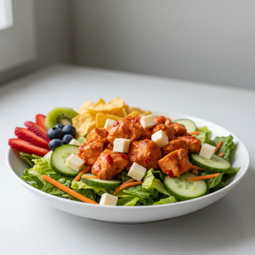Buffalo Chicken Salad with Chips and Fruit