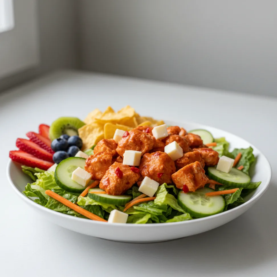 Buffalo Chicken Salad with Chips and Fruit