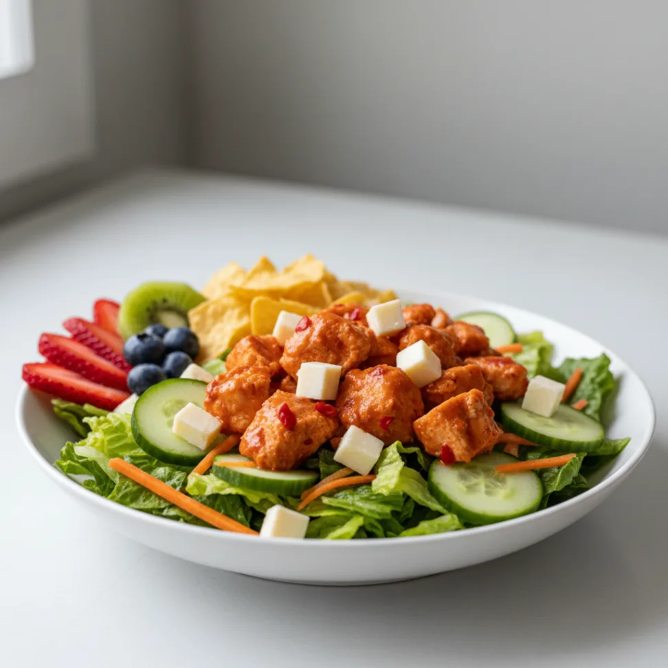 Buffalo Chicken Salad with Chips and Fruit
