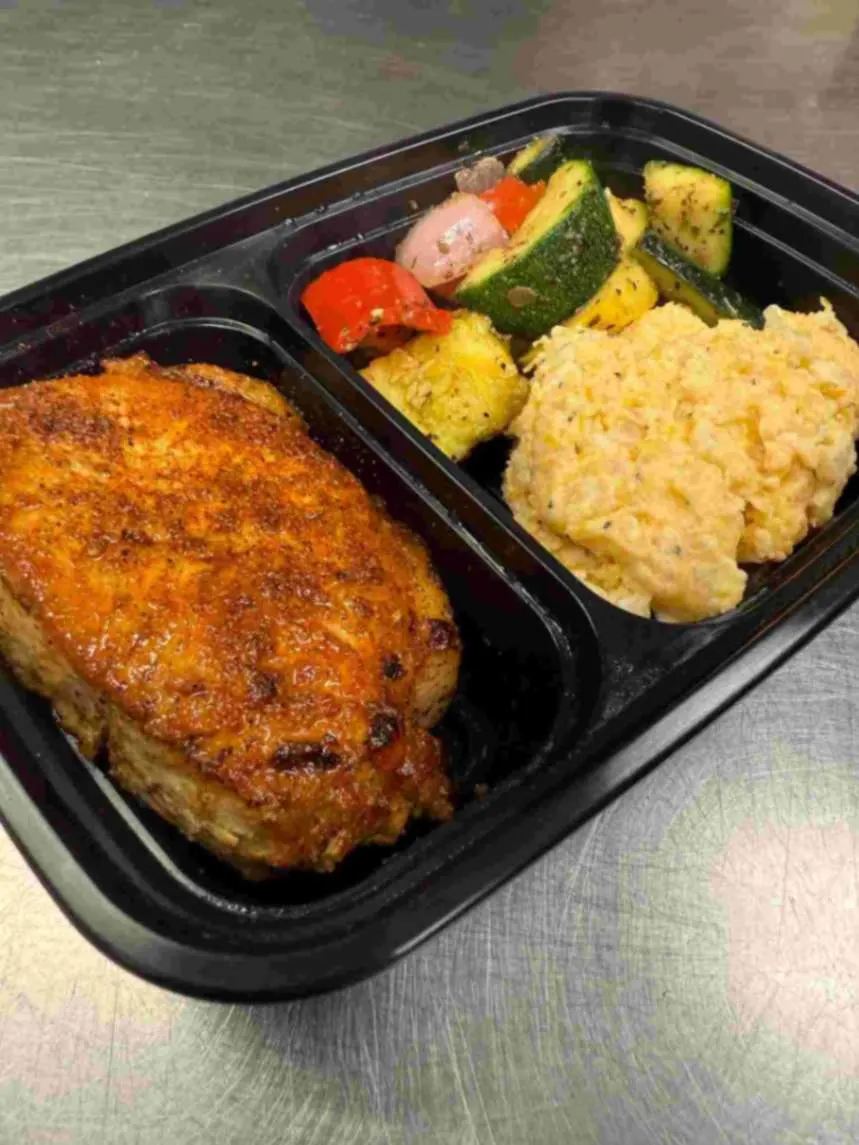 Adobo Encrusted Pork Loin With Locro and Sauteed Veggies