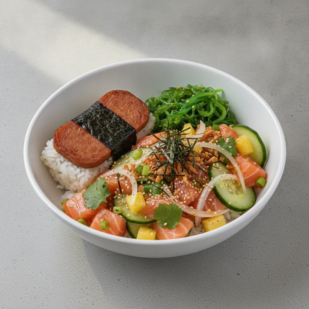 Yuzu Ponzu Salmon Bowl Combo (Regular) — White Rice / Garlic Spam Musubi Yuzu Ponzu Salmon Bowl Combo (Regular) — White Rice / Garlic Spam Musubi