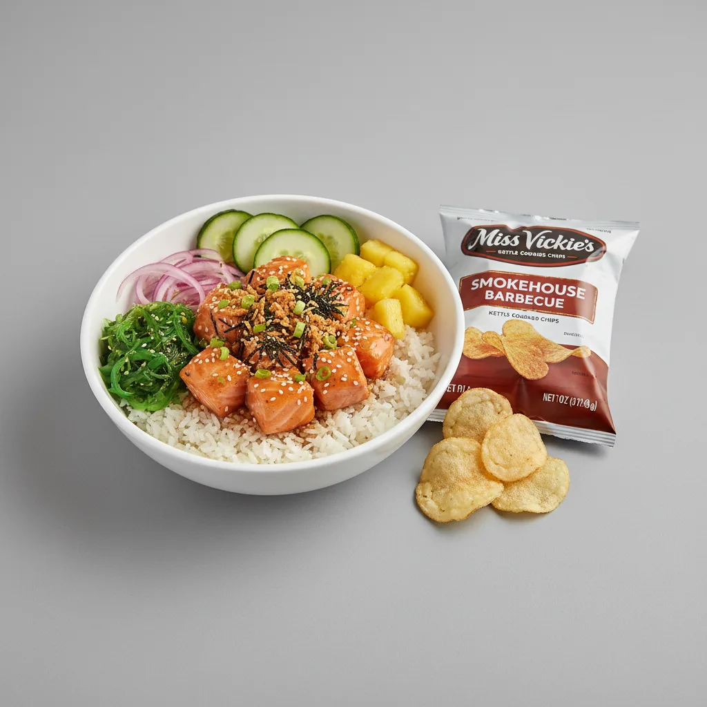 Yuzu Ponzu Salmon Bowl Combo (Regular) — White Rice / Miss Vickie's Smokehouse Barbecue Kettle Cooked Potato Chips Yuzu Ponzu Salmon Bowl Combo (Regular) — White Rice / Miss Vickie's Smokehouse Barbecue Kettle Cooked Potato Chips