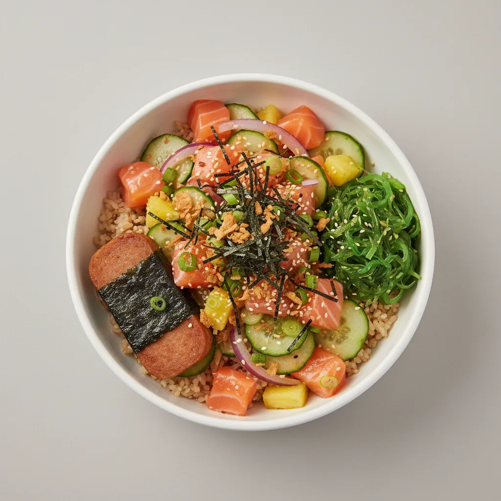 Yuzu Ponzu Salmon Bowl Combo (Regular) — Brown Rice / Garlic Spam Musubi Yuzu Ponzu Salmon Bowl Combo (Regular) — Brown Rice / Garlic Spam Musubi