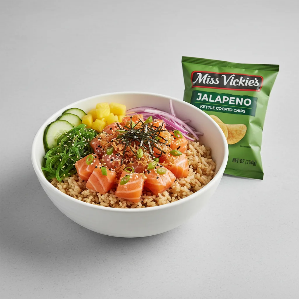 Yuzu Ponzu Salmon Bowl Combo (Regular) — Brown Rice / Miss Vickie's Jalapeno Kettle Cooked Potato Chips Yuzu Ponzu Salmon Bowl Combo (Regular) — Brown Rice / Miss Vickie's Jalapeno Kettle Cooked Potato Chips