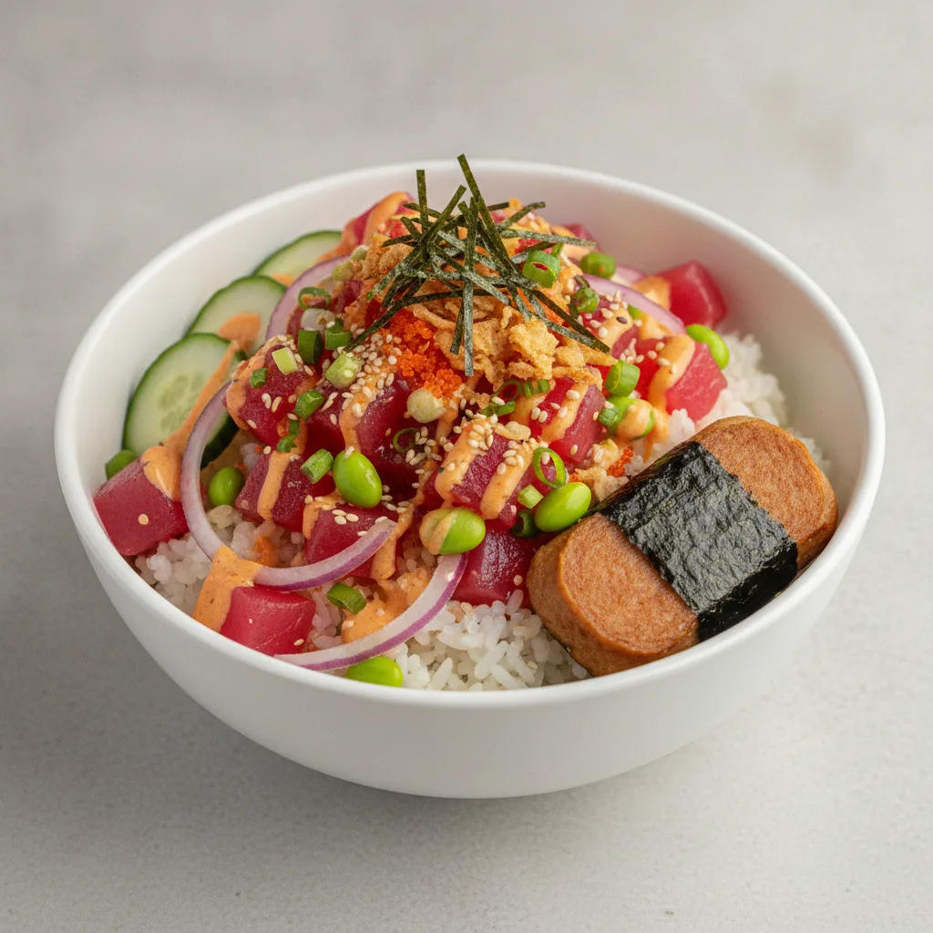 Spicy Ahi Bowl Combo (Regular) — White Rice / Garlic Spam Musubi Spicy Ahi Bowl Combo (Regular) — White Rice / Garlic Spam Musubi
