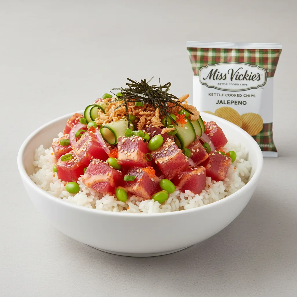 Spicy Ahi Bowl Combo (Regular) — White Rice / Miss Vickie's Jalapeno Kettle Cooked Potato Chips Spicy Ahi Bowl Combo (Regular) — White Rice / Miss Vickie's Jalapeno Kettle Cooked Potato Chips