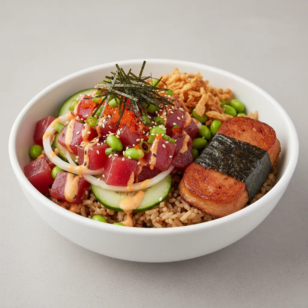 Spicy Ahi Bowl Combo (Regular) — Brown Rice / Garlic Spam Musubi Spicy Ahi Bowl Combo (Regular) — Brown Rice / Garlic Spam Musubi