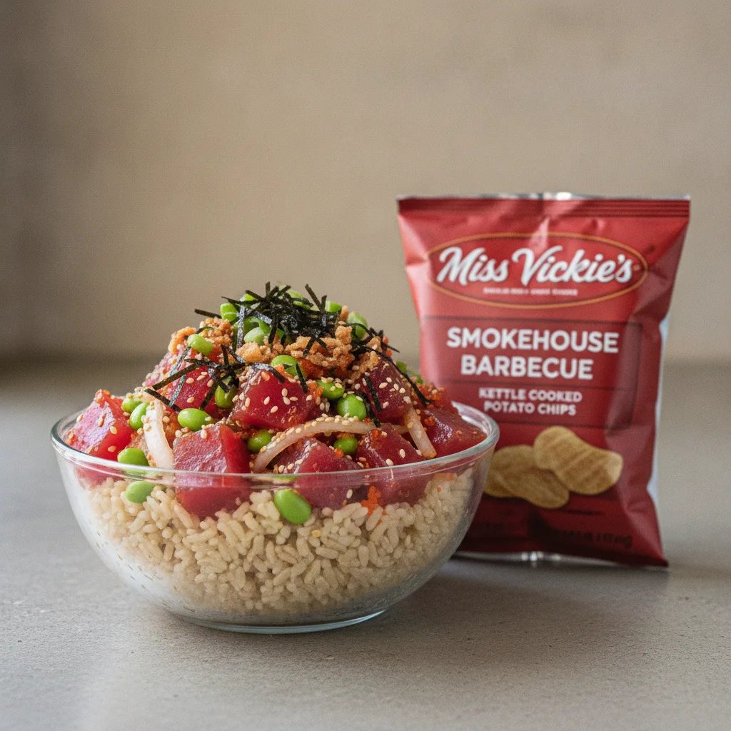 Spicy Ahi Bowl Combo (Regular) — Brown Rice / Miss Vickie's Smokehouse Barbecue Kettle Cooked Potato Chips Spicy Ahi Bowl Combo (Regular) — Brown Rice / Miss Vickie's Smokehouse Barbecue Kettle Cooked Potato Chips