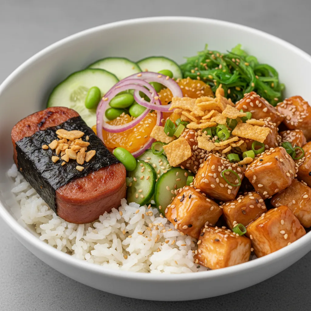 Sweet Sesame Chicken Bowl Combo (Regular) — White Rice / Garlic Spam Musubi Sweet Sesame Chicken Bowl Combo (Regular) — White Rice / Garlic Spam Musubi