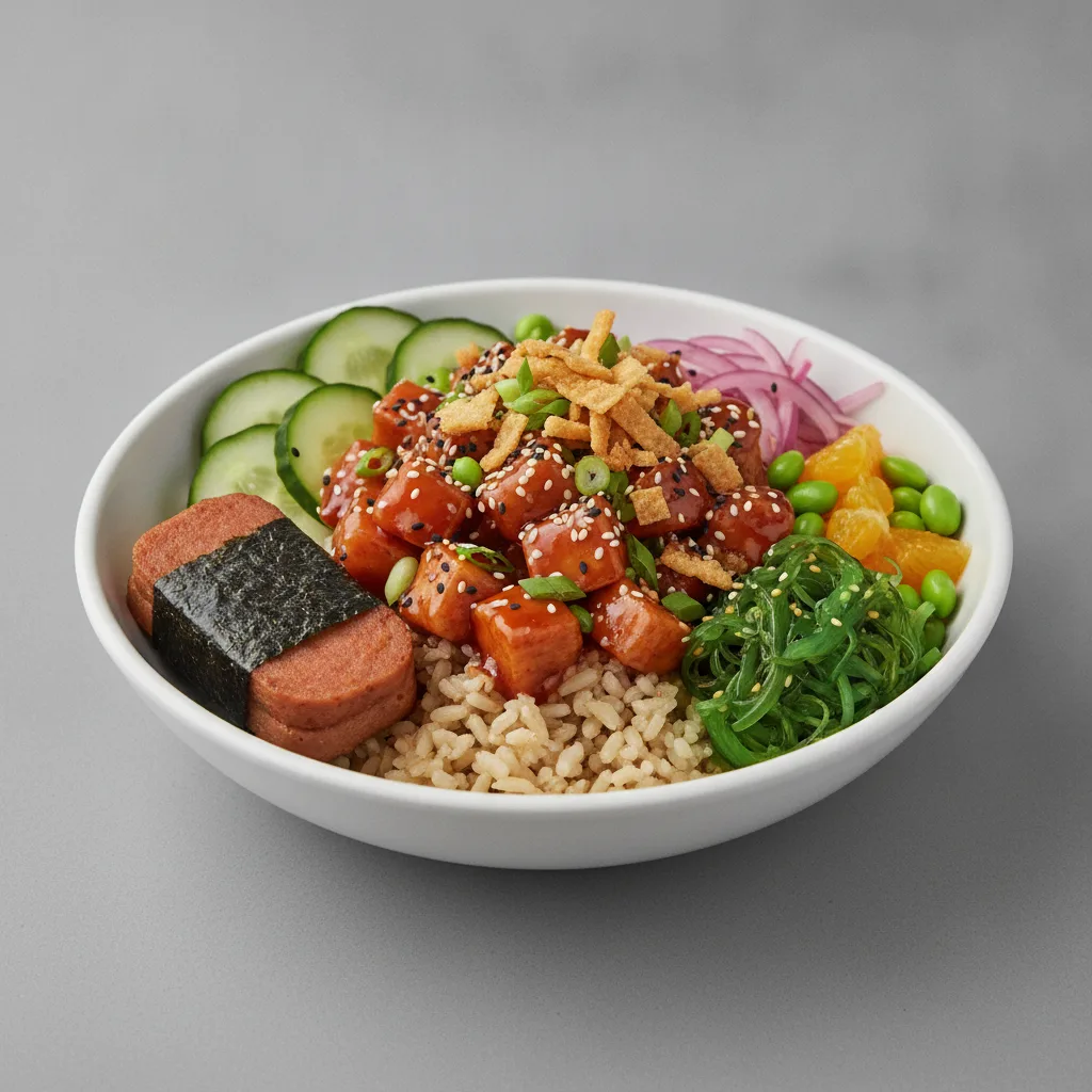 Sweet Sesame Chicken Bowl Combo (Regular) — Brown Rice / Garlic Spam Musubi Sweet Sesame Chicken Bowl Combo (Regular) — Brown Rice / Garlic Spam Musubi