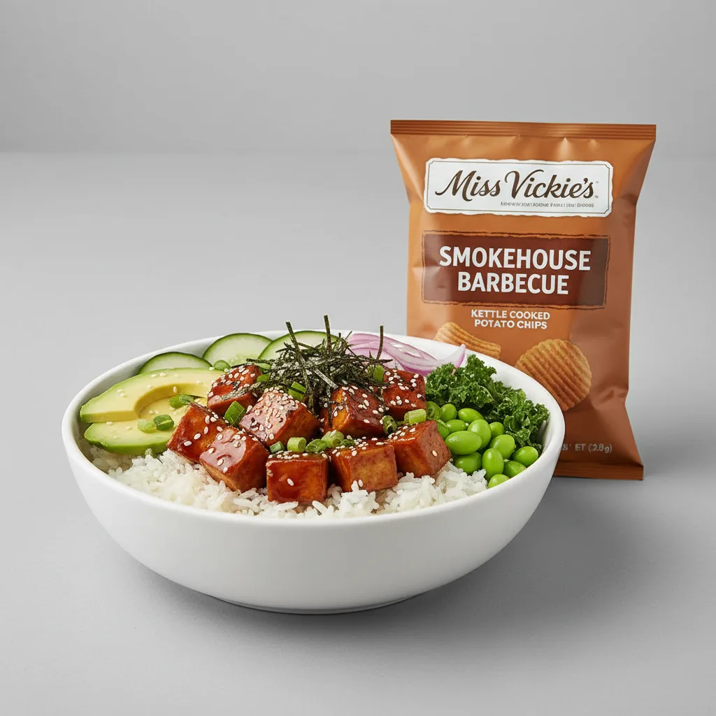 Sweet Shoyu Tofu Bowl Combo (Regular) — White Rice / Miss Vickie's Smokehouse Barbecue Kettle Cooked Potato Chips Sweet Shoyu Tofu Bowl Combo (Regular) — White Rice / Miss Vickie's Smokehouse Barbecue Kettle Cooked Potato Chips