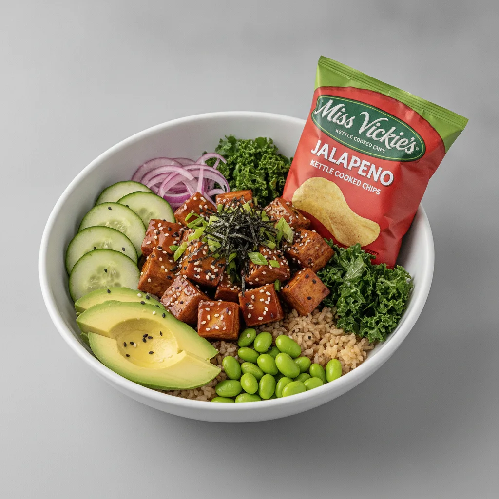 Sweet Shoyu Tofu Bowl Combo (Regular) — Brown Rice / Miss Vickie's Jalapeno Kettle Cooked Potato Chips Sweet Shoyu Tofu Bowl Combo (Regular) — Brown Rice / Miss Vickie's Jalapeno Kettle Cooked Potato Chips