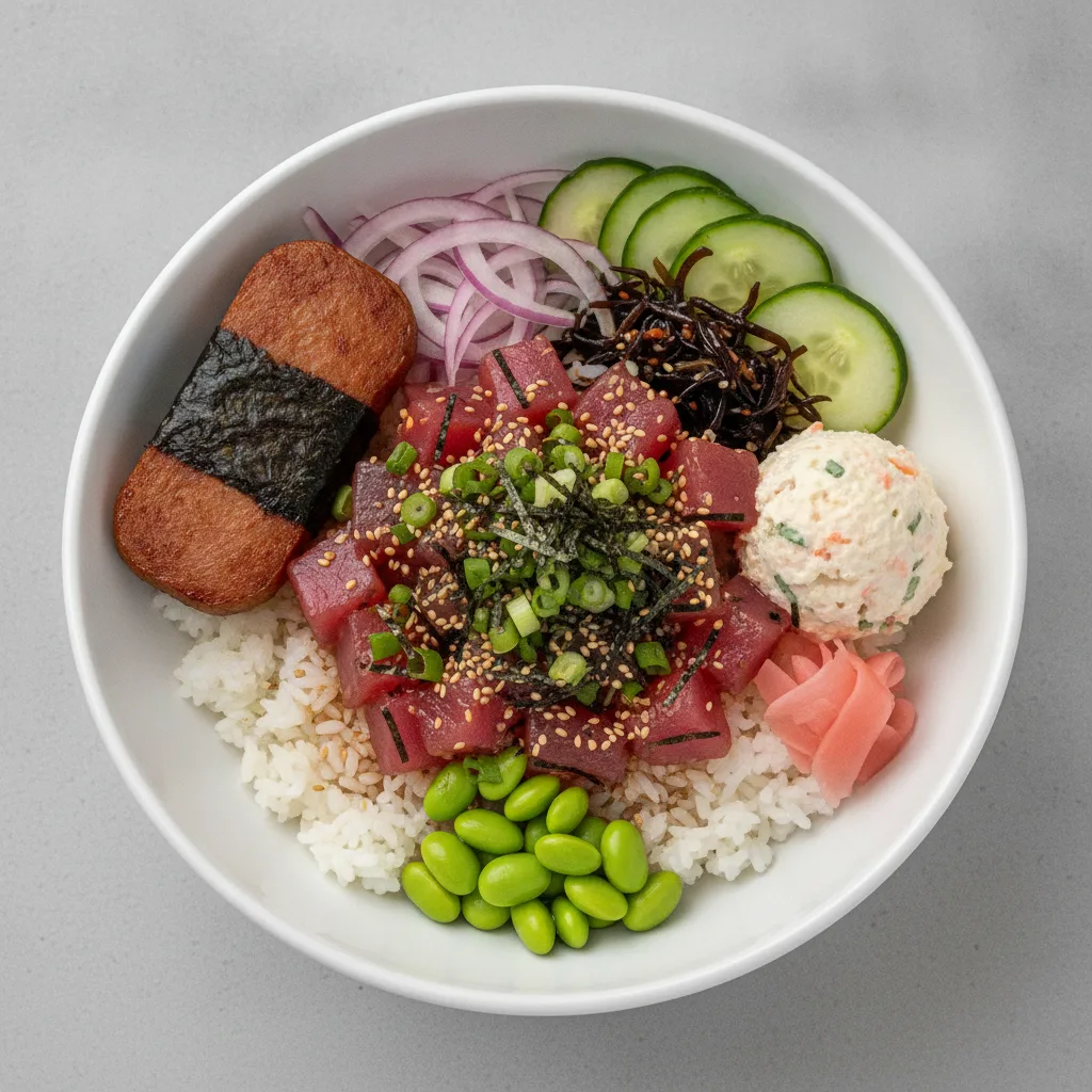 Umami Ahi Bowl Combo (Regular) — White Rice / Garlic Spam Musubi Umami Ahi Bowl Combo (Regular) — White Rice / Garlic Spam Musubi