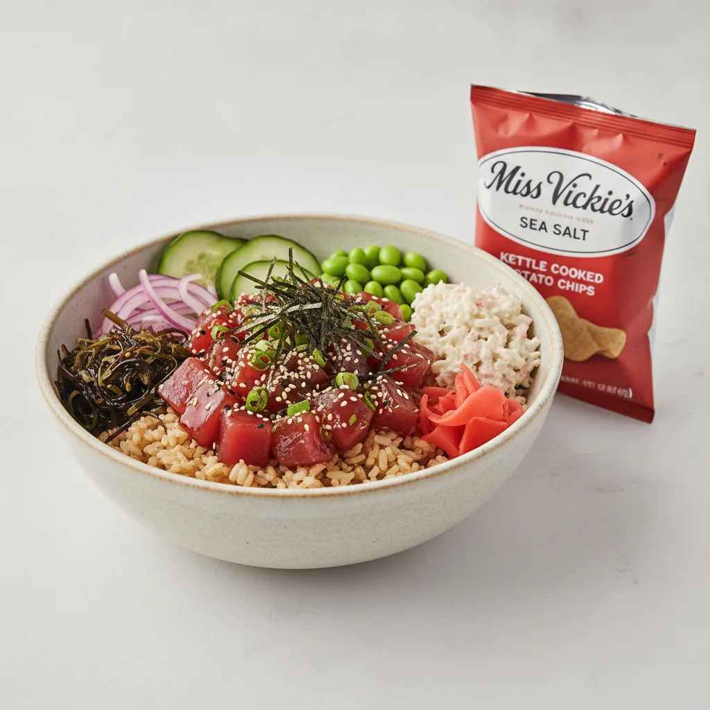 Umami Ahi Bowl Combo (Regular) — Brown Rice / Miss Vickie's Sea Salt Kettle Cooked Potato Chips Umami Ahi Bowl Combo (Regular) — Brown Rice / Miss Vickie's Sea Salt Kettle Cooked Potato Chips
