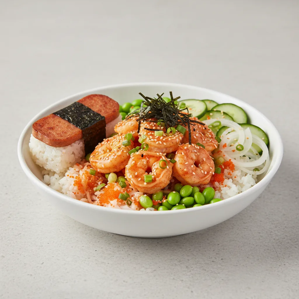 Spicy Shrimp Bowl Combo (Regular) — White Rice / Garlic Spam Musubi Spicy Shrimp Bowl Combo (Regular) — White Rice / Garlic Spam Musubi