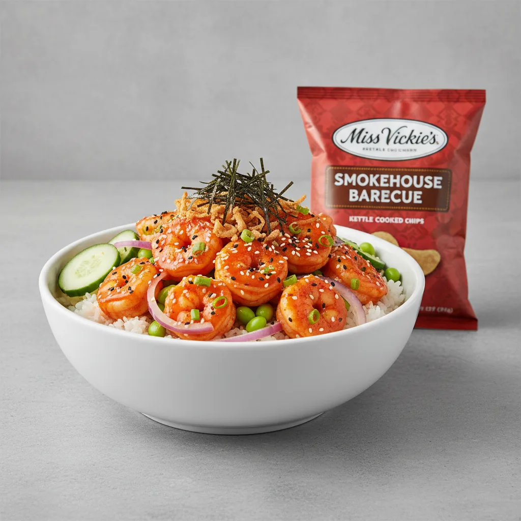 Spicy Shrimp Bowl Combo (Regular) — White Rice / Miss Vickie's Smokehouse Barbecue Kettle Cooked Potato Chips Spicy Shrimp Bowl Combo (Regular) — White Rice / Miss Vickie's Smokehouse Barbecue Kettle Cooked Potato Chips
