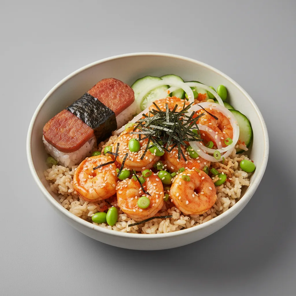 Spicy Shrimp Bowl Combo (Regular) — Brown Rice / Garlic Spam Musubi Spicy Shrimp Bowl Combo (Regular) — Brown Rice / Garlic Spam Musubi