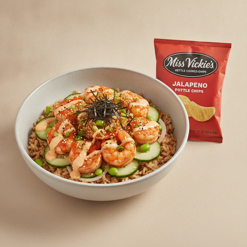 Spicy Shrimp Bowl Combo (Regular) — Brown Rice / Miss Vickie's Jalapeno Kettle Cooked Potato Chips Spicy Shrimp Bowl Combo (Regular) — Brown Rice / Miss Vickie's Jalapeno Kettle Cooked Potato Chips