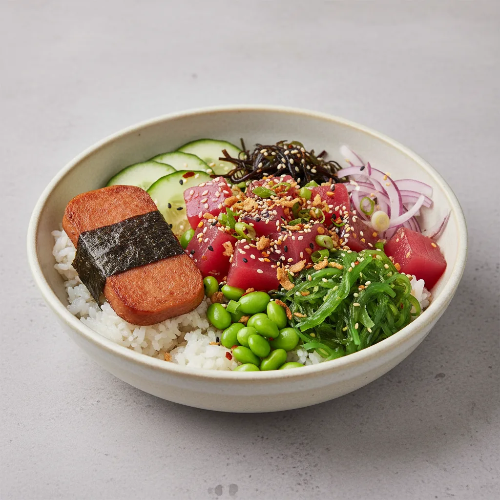 Hawaiian Ahi Bowl Combo (Regular) — White Rice / Garlic Spam Musubi Hawaiian Ahi Bowl Combo (Regular) — White Rice / Garlic Spam Musubi
