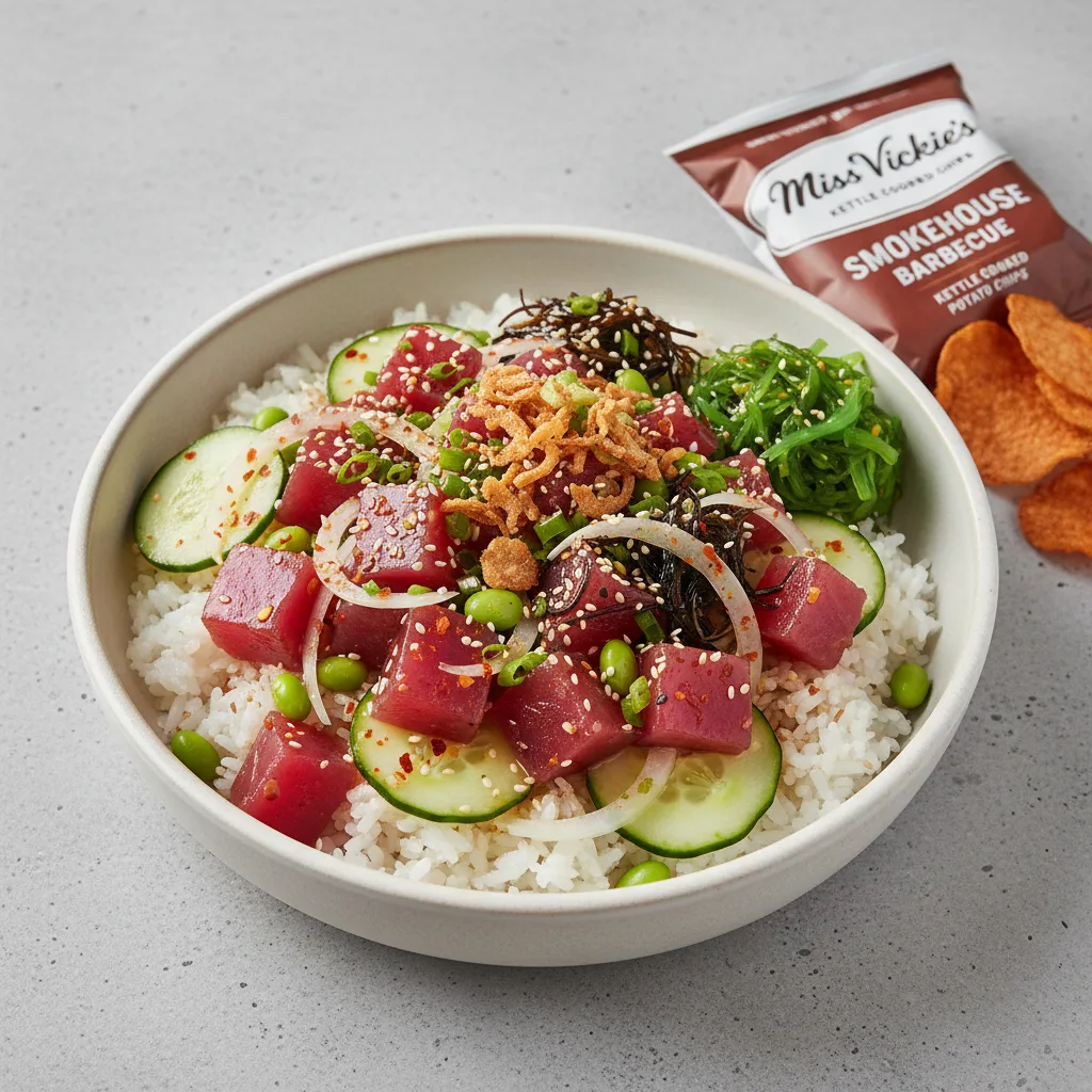 Hawaiian Ahi Bowl Combo (Regular) — White Rice / Miss Vickie's Smokehouse Barbecue Kettle Cooked Potato Chips Hawaiian Ahi Bowl Combo (Regular) — White Rice / Miss Vickie's Smokehouse Barbecue Kettle Cooked Potato Chips