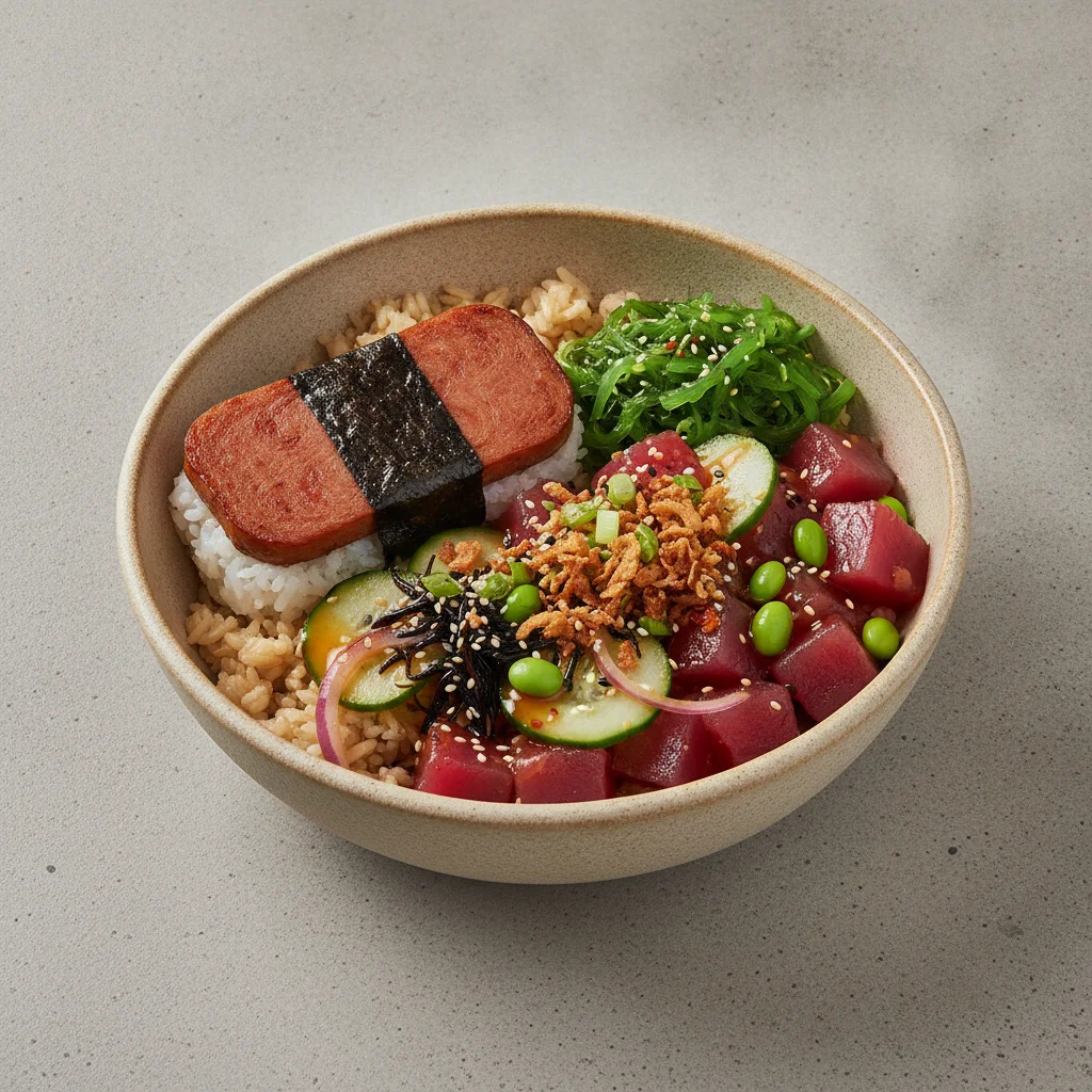 Hawaiian Ahi Bowl Combo (Regular) — Brown Rice / Garlic Spam Musubi Hawaiian Ahi Bowl Combo (Regular) — Brown Rice / Garlic Spam Musubi