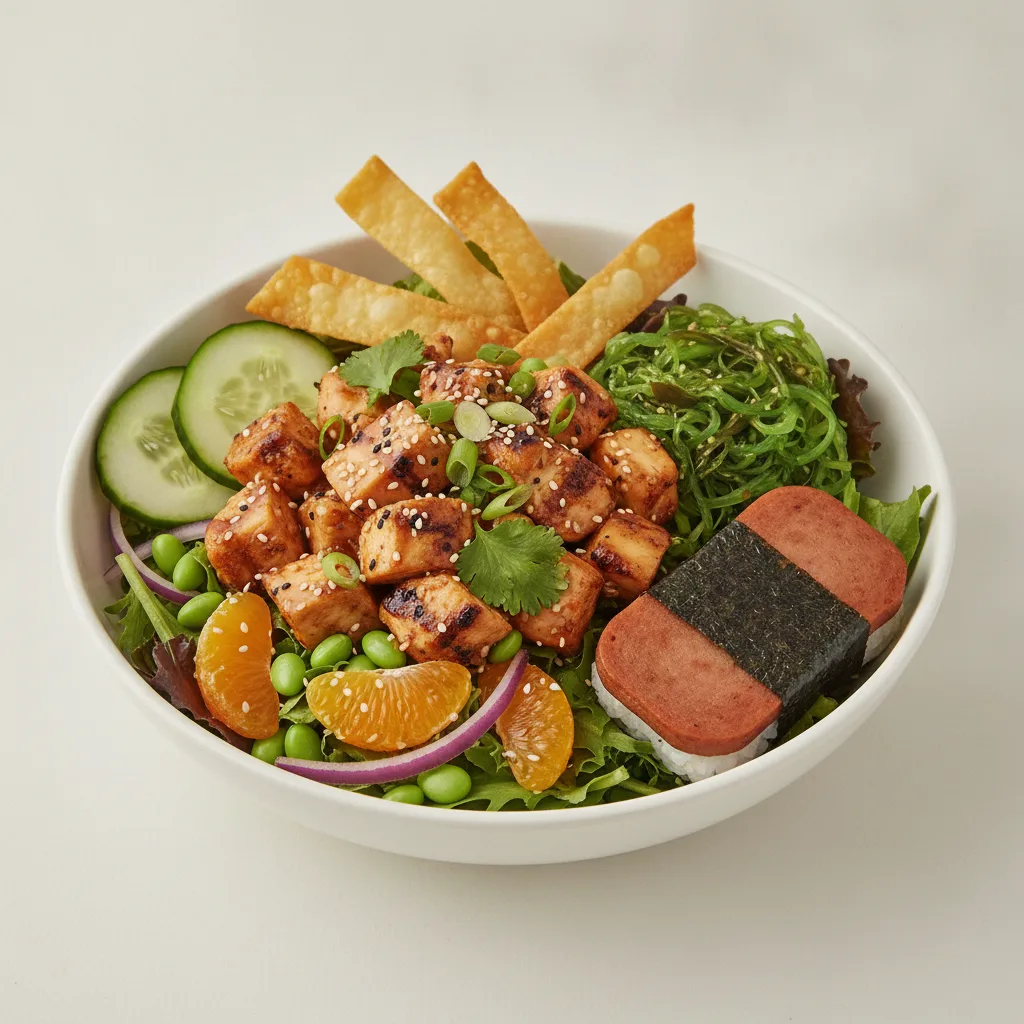 Sweet Sesame Chicken Salad Bowl Combo (Regular) — Mixed Greens / Garlic Spam Musubi Sweet Sesame Chicken Salad Bowl Combo (Regular) — Mixed Greens / Garlic Spam Musubi