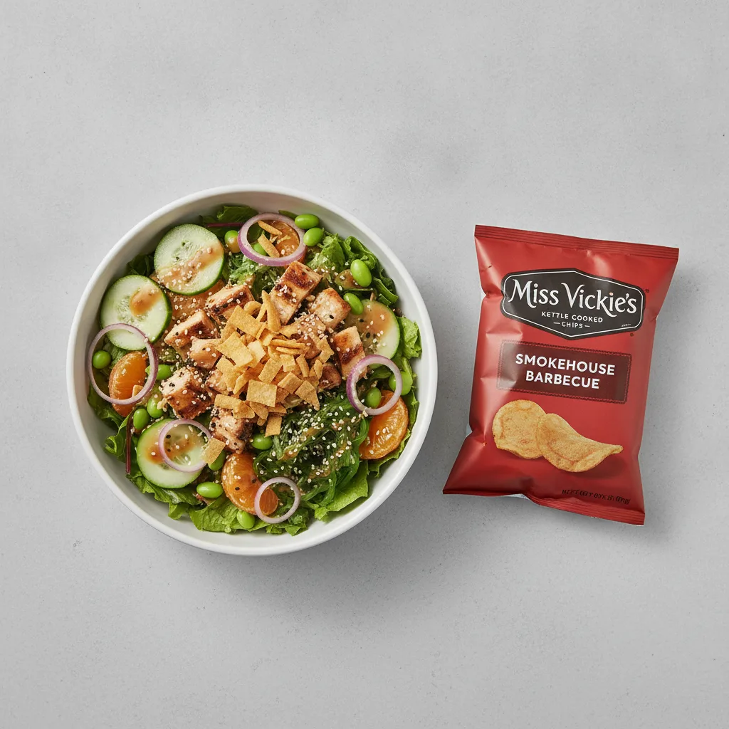 Sweet Sesame Chicken Salad Bowl Combo (Regular) — Mixed Greens / Miss Vickie's Smokehouse Barbecue Kettle Cooked Potato Chips Sweet Sesame Chicken Salad Bowl Combo (Regular) — Mixed Greens / Miss Vickie's Smokehouse Barbecue Kettle Cooked Potato Chips