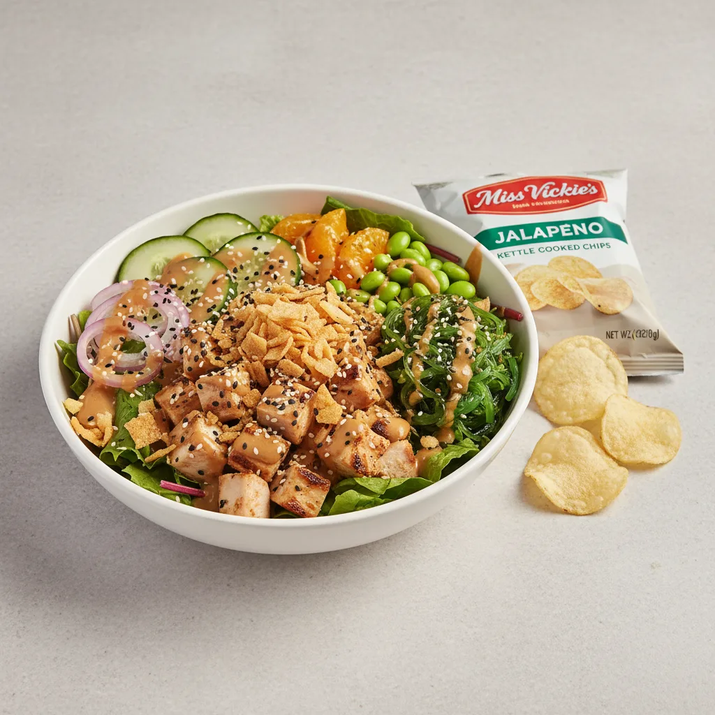 Sweet Sesame Chicken Salad Bowl Combo (Regular) — Mixed Greens / Miss Vickie's Jalapeno Kettle Cooked Potato Chips Sweet Sesame Chicken Salad Bowl Combo (Regular) — Mixed Greens / Miss Vickie's Jalapeno Kettle Cooked Potato Chips