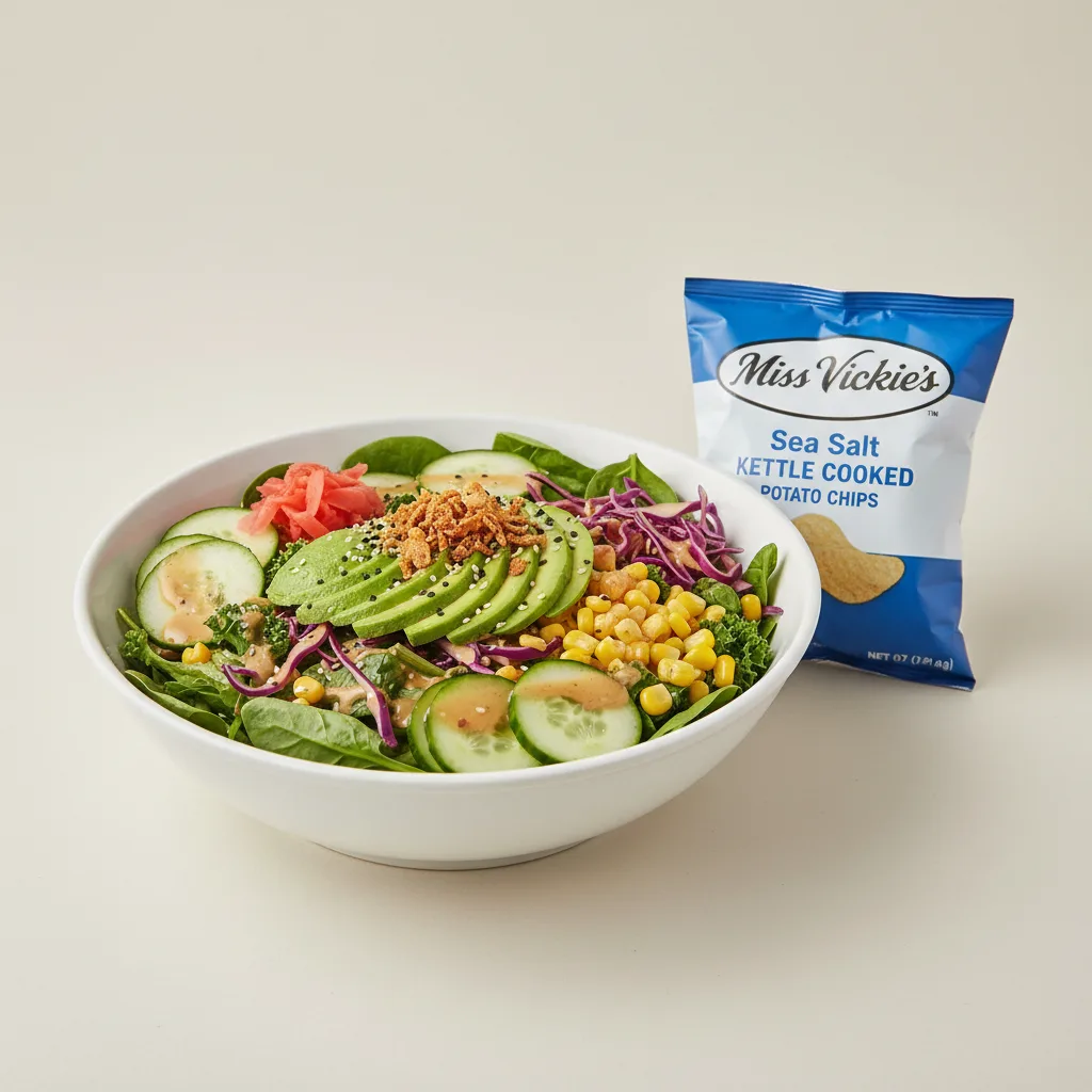 Avocado Salad Bowl Combo (Regular) — Mixed Greens / Miss Vickie's Sea Salt Kettle Cooked Potato Chips Avocado Salad Bowl Combo (Regular) — Mixed Greens / Miss Vickie's Sea Salt Kettle Cooked Potato Chips