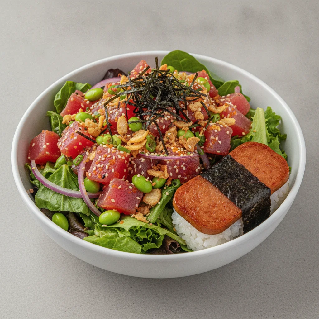 Spicy Ahi Salad Bowl Combo (Regular) — Mixed Greens / Garlic Spam Musubi Spicy Ahi Salad Bowl Combo (Regular) — Mixed Greens / Garlic Spam Musubi