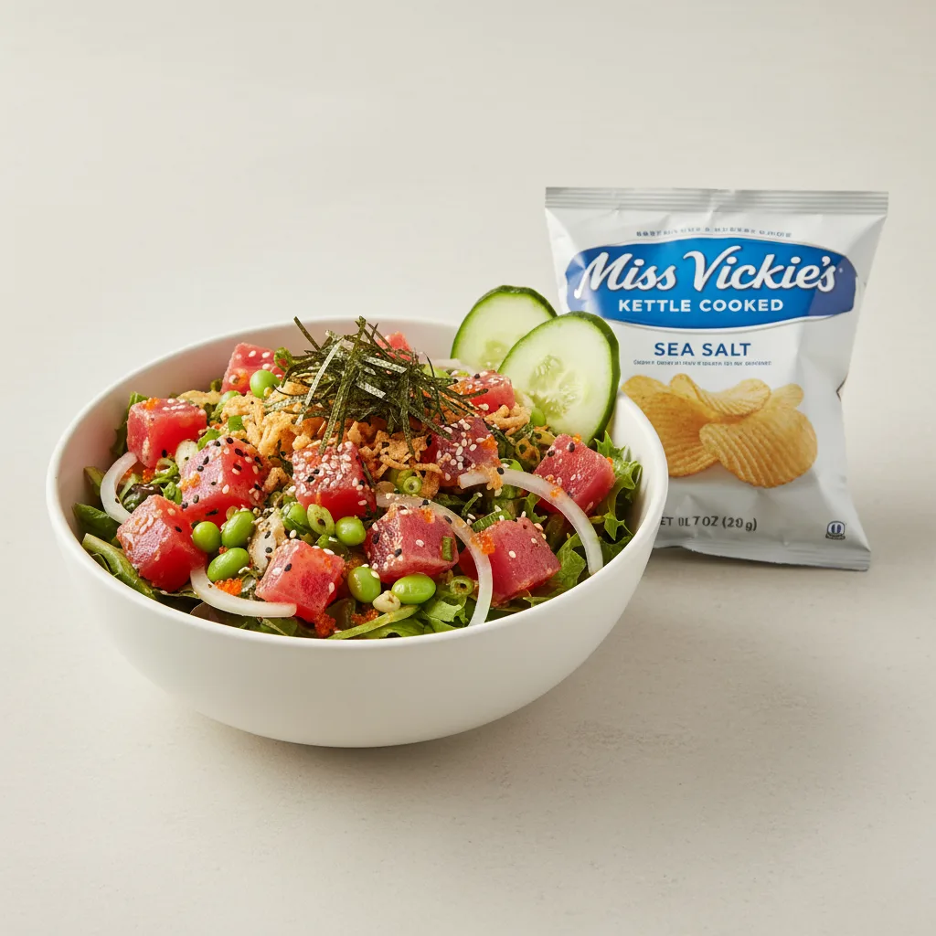 Spicy Ahi Salad Bowl Combo (Regular) — Mixed Greens / Miss Vickie's Sea Salt Kettle Cooked Potato Chips Spicy Ahi Salad Bowl Combo (Regular) — Mixed Greens / Miss Vickie's Sea Salt Kettle Cooked Potato Chips