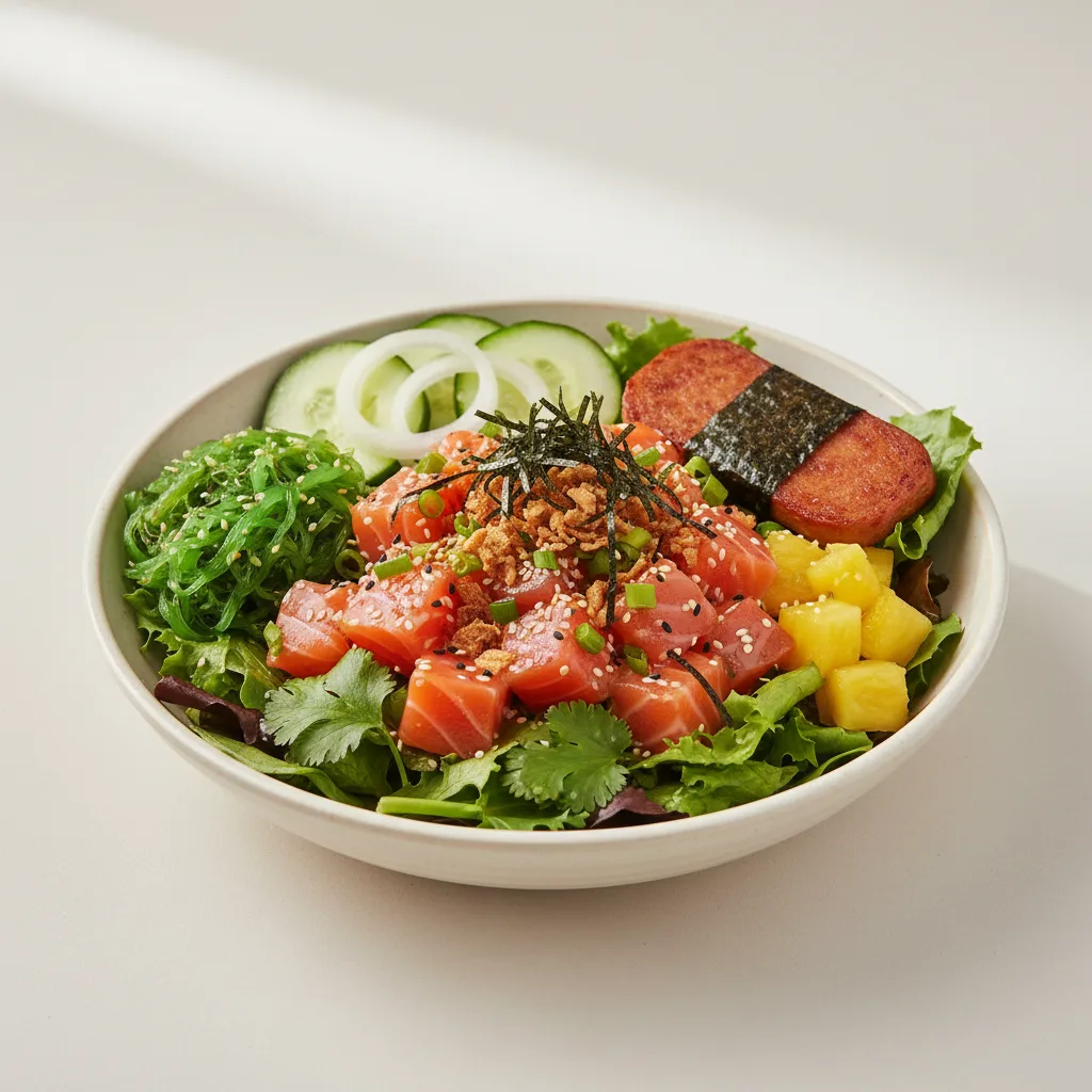Yuzu Ponzu Salmon Salad Bowl Combo (Regular) — Mixed Greens / Garlic Spam Musubi Yuzu Ponzu Salmon Salad Bowl Combo (Regular) — Mixed Greens / Garlic Spam Musubi