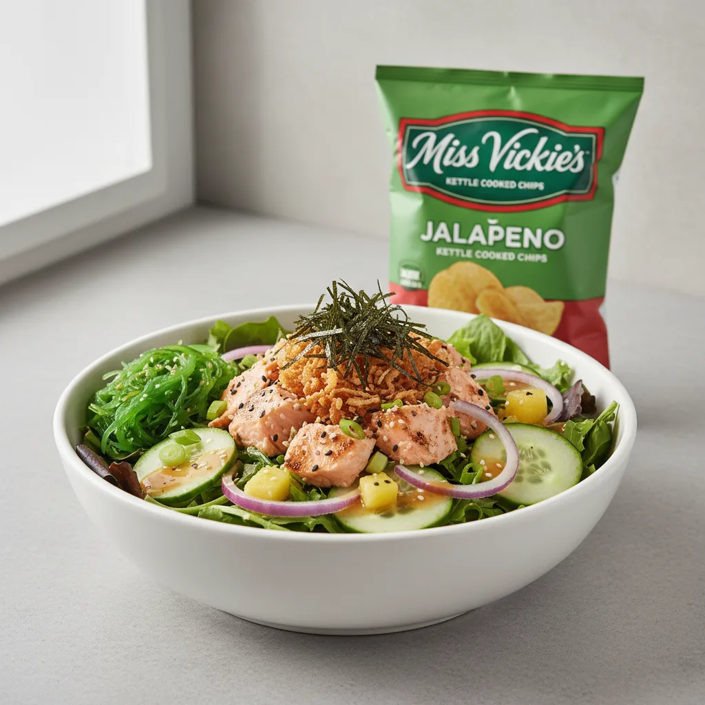 Yuzu Ponzu Salmon Salad Bowl Combo (Regular) — Mixed Greens / Miss Vickie's Jalapeno Kettle Cooked Potato Chips Yuzu Ponzu Salmon Salad Bowl Combo (Regular) — Mixed Greens / Miss Vickie's Jalapeno Kettle Cooked Potato Chips