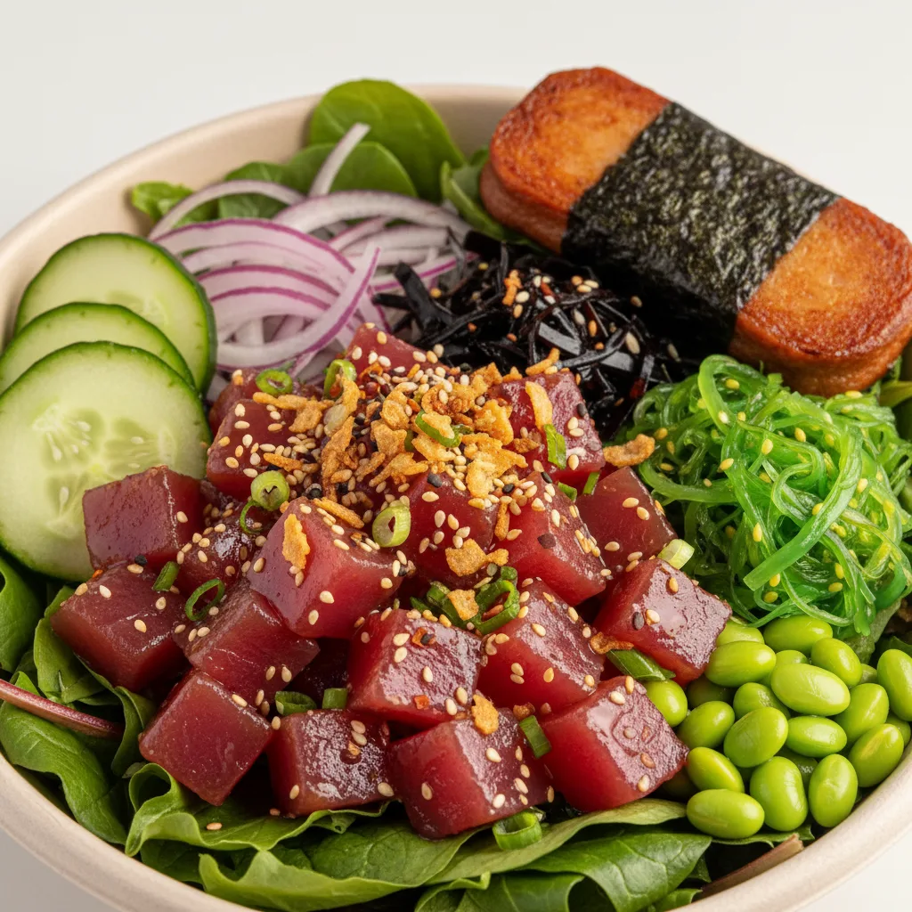 Hawaiian Ahi Salad Bowl Combo (Regular) — Mixed Greens / Garlic Spam Musubi Hawaiian Ahi Salad Bowl Combo (Regular) — Mixed Greens / Garlic Spam Musubi
