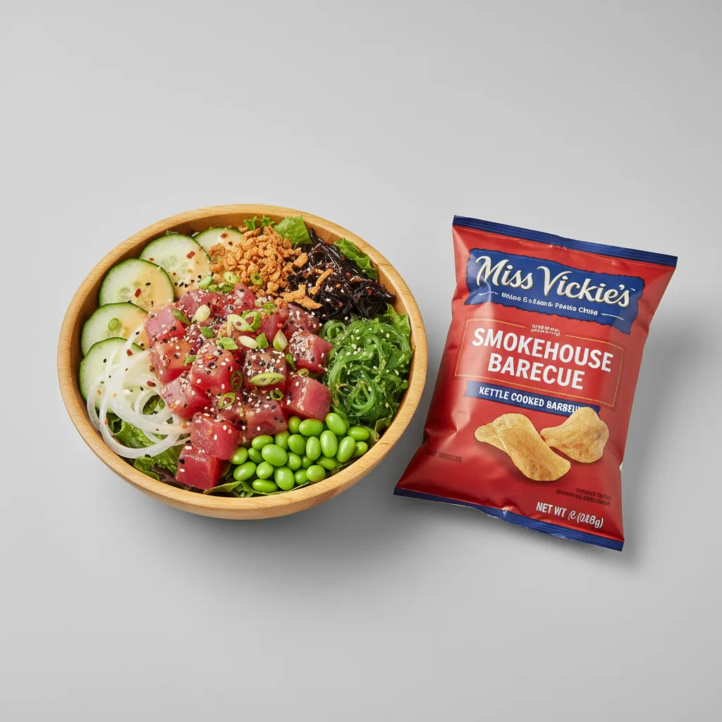 Hawaiian Ahi Salad Bowl Combo (Regular) — Mixed Greens / Miss Vickie's Smokehouse Barbecue Kettle Cooked Potato Chips Hawaiian Ahi Salad Bowl Combo (Regular) — Mixed Greens / Miss Vickie's Smokehouse Barbecue Kettle Cooked Potato Chips