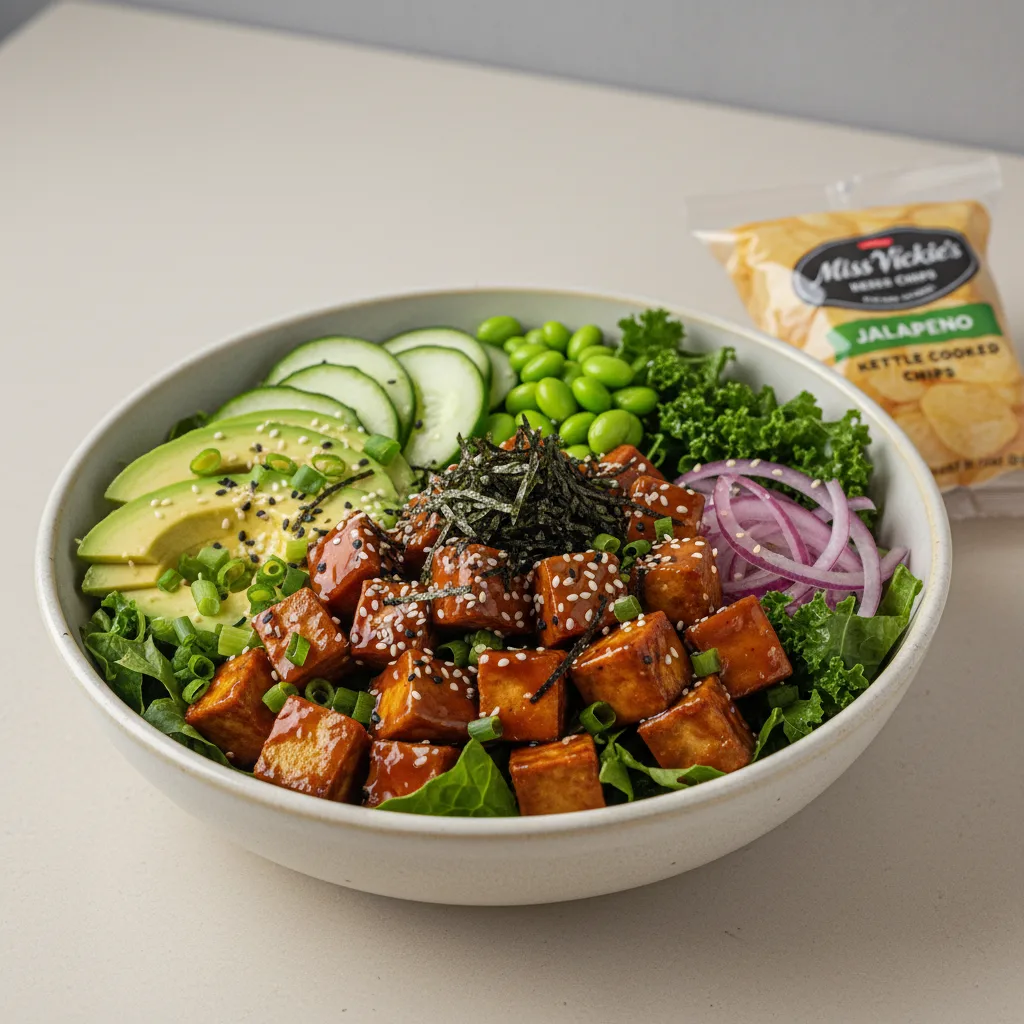 Sweet Shoyu Tofu Salad Bowl Combo (Regular) — Mixed Greens / Miss Vickie's Jalapeno Kettle Cooked Potato Chips Sweet Shoyu Tofu Salad Bowl Combo (Regular) — Mixed Greens / Miss Vickie's Jalapeno Kettle Cooked Potato Chips