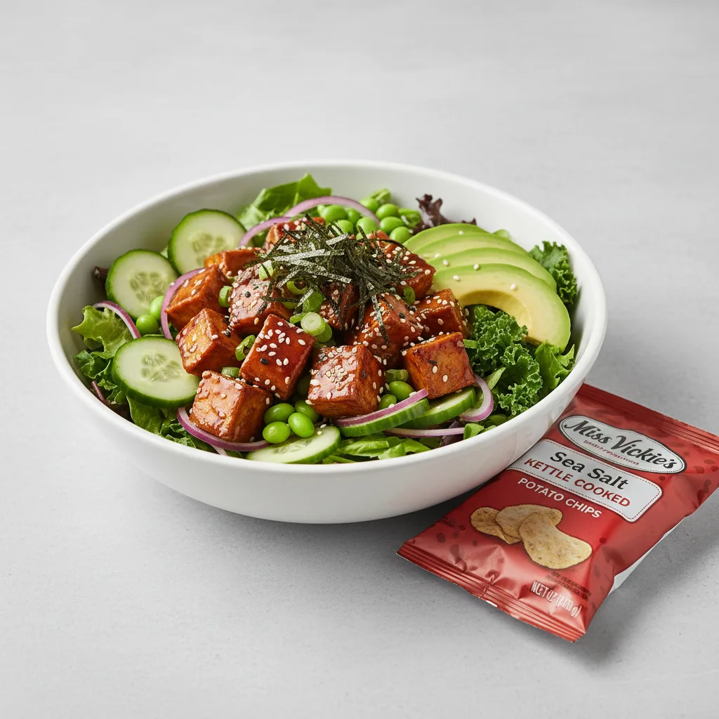 Sweet Shoyu Tofu Salad Bowl Combo (Regular) — Mixed Greens / Miss Vickie's Sea Salt Kettle Cooked Potato Chips Sweet Shoyu Tofu Salad Bowl Combo (Regular) — Mixed Greens / Miss Vickie's Sea Salt Kettle Cooked Potato Chips
