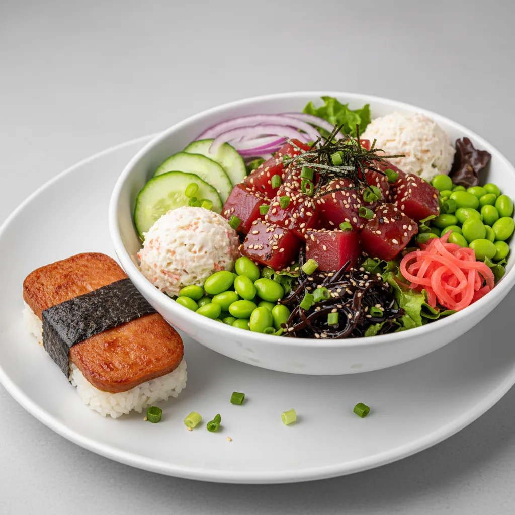 Umami Ahi Salad Bowl Combo (Regular) — Mixed Greens / Garlic Spam Musubi Umami Ahi Salad Bowl Combo (Regular) — Mixed Greens / Garlic Spam Musubi